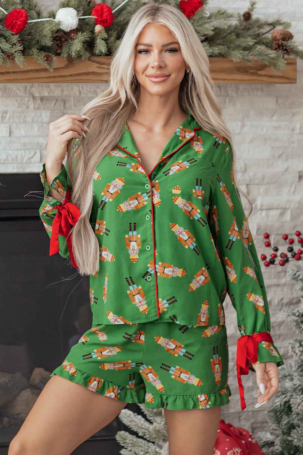 Green Christmas Candy Contrast Trim Bow Knot Silky 2pcs Pajama Set
