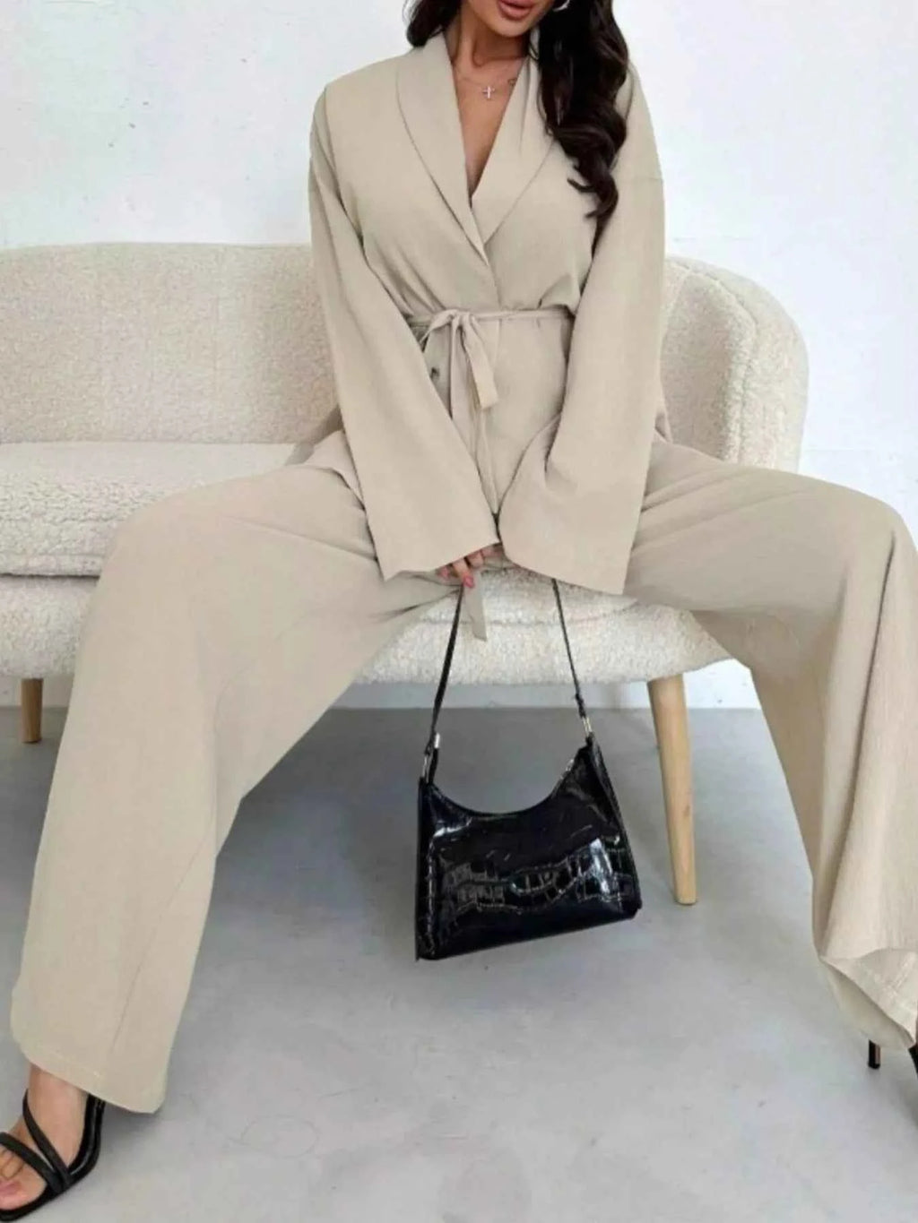 Front Tied Shirt and Wide-Leg Pants Set