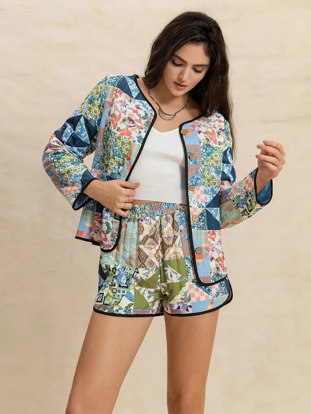 Button Up Long Sleeve Outerwear and Shorts Set - CHIC TB