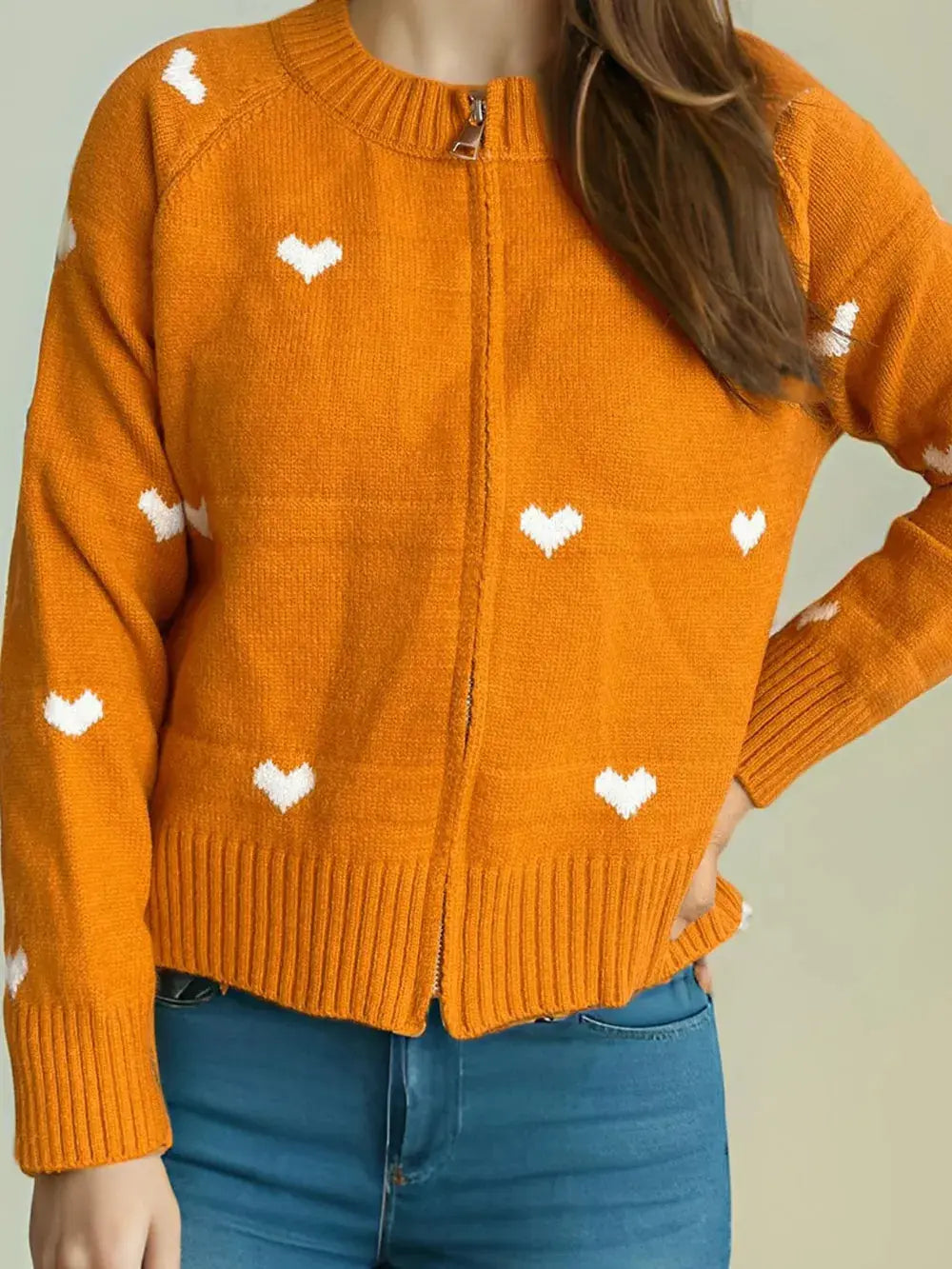 Heart Round Neck Zip Up Cardigan.