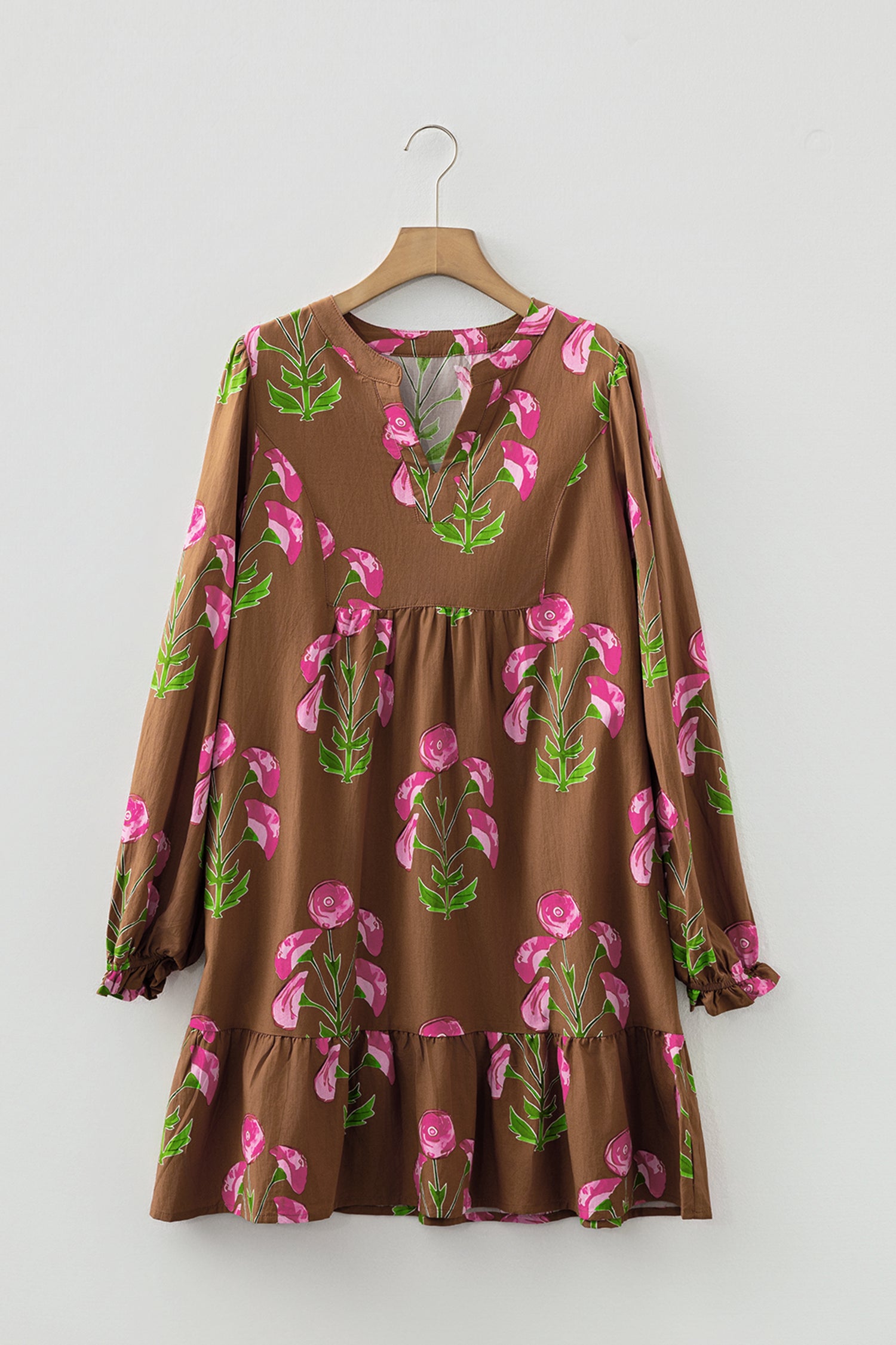 Brown Contrast Floral Print Babydoll Tunic Ruffled Hem Puff Sleeve Dress