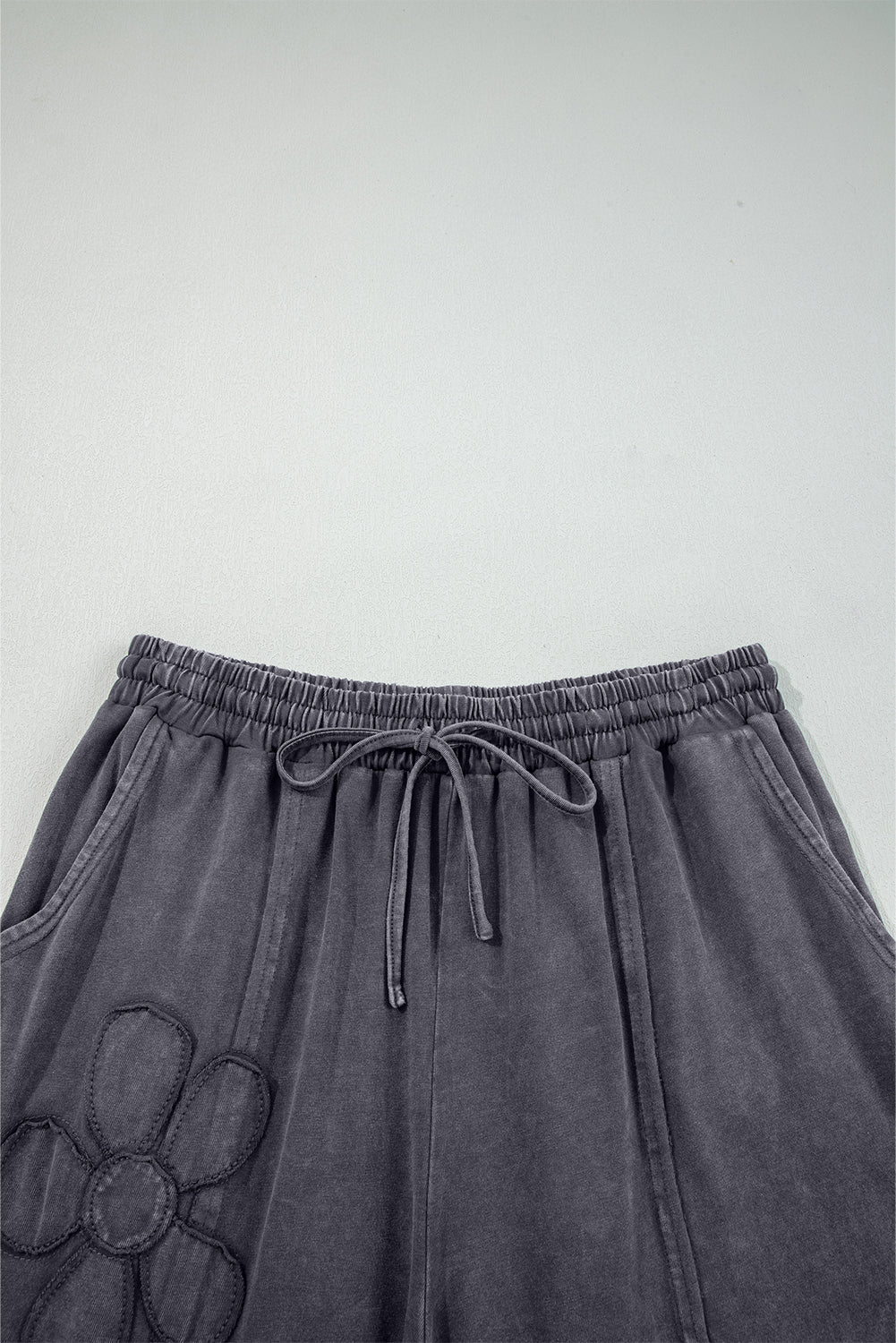 Light Grey Flower Patch Mineral Washed Terry Knit Cropped Wide Leg Pants Dear-Lover Dropshipping