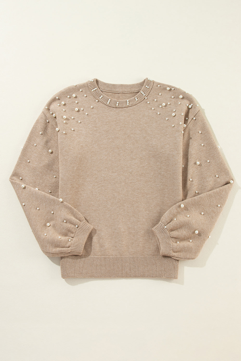 Smoke Gray Pearled Drop Shoulder Round Neck Sweater Dear-Lover Dropshipping