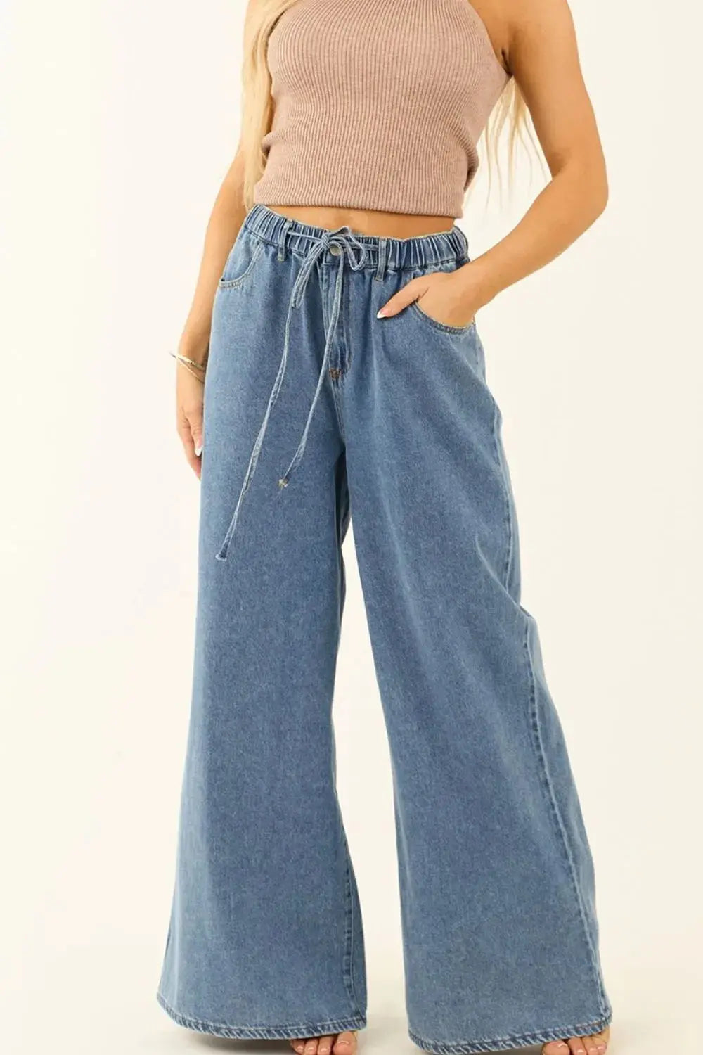 Medium Wash Super Wide Leg Denim Pants.
