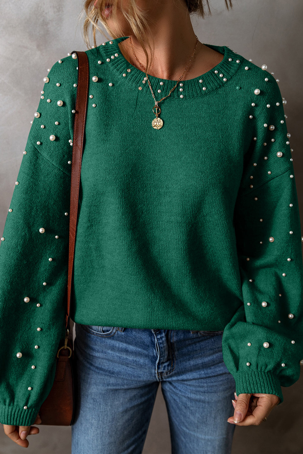 Evergreen Pearled Drop Shoulder Round Neck Sweater Dear-Lover Dropshipping