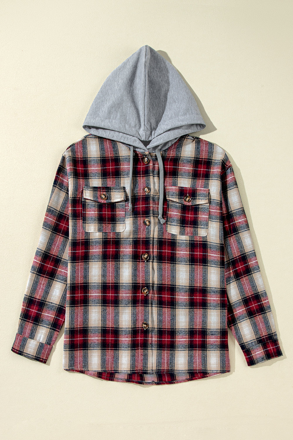 Red Plaid Print Chest Pocket Buttoned Hooded Shacket Dear-Lover Dropshipping