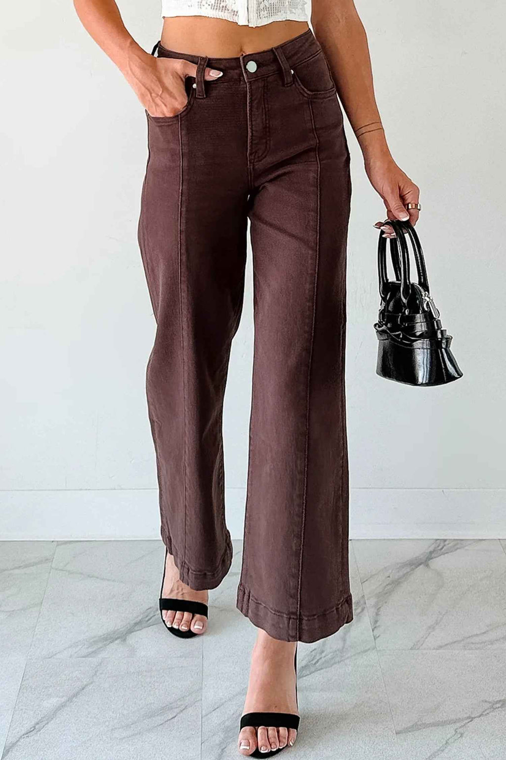 Red Sandalwood Solid Color Seamed Center Wide Leg Cropped Jeans