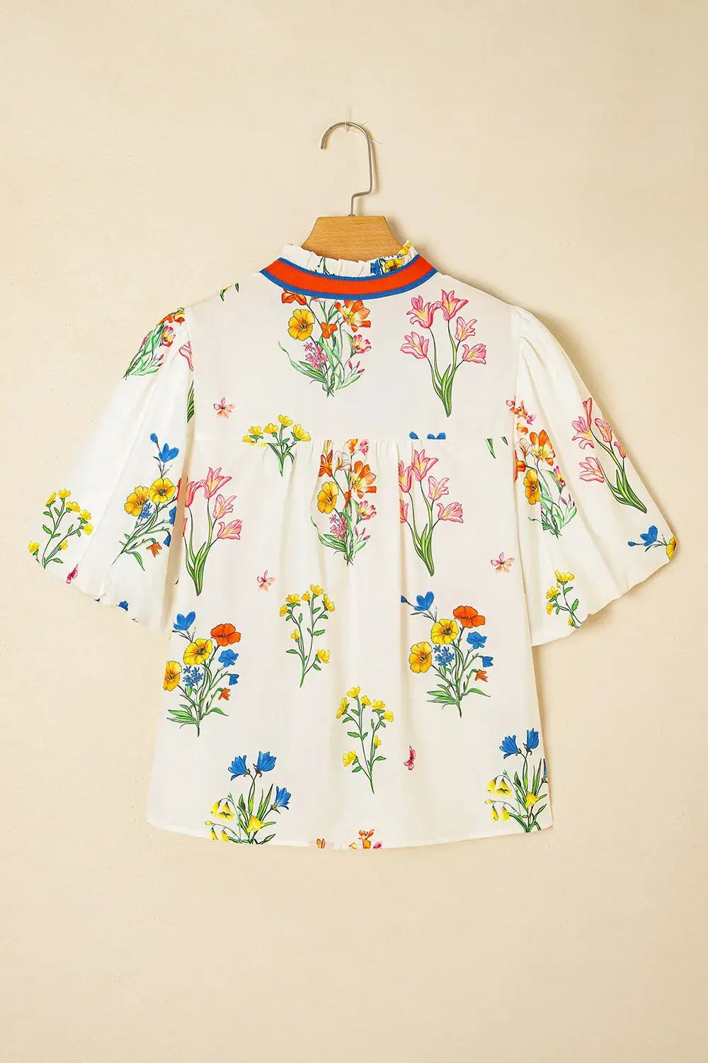 Floral Short Puff Sleeve Notched Blouse.