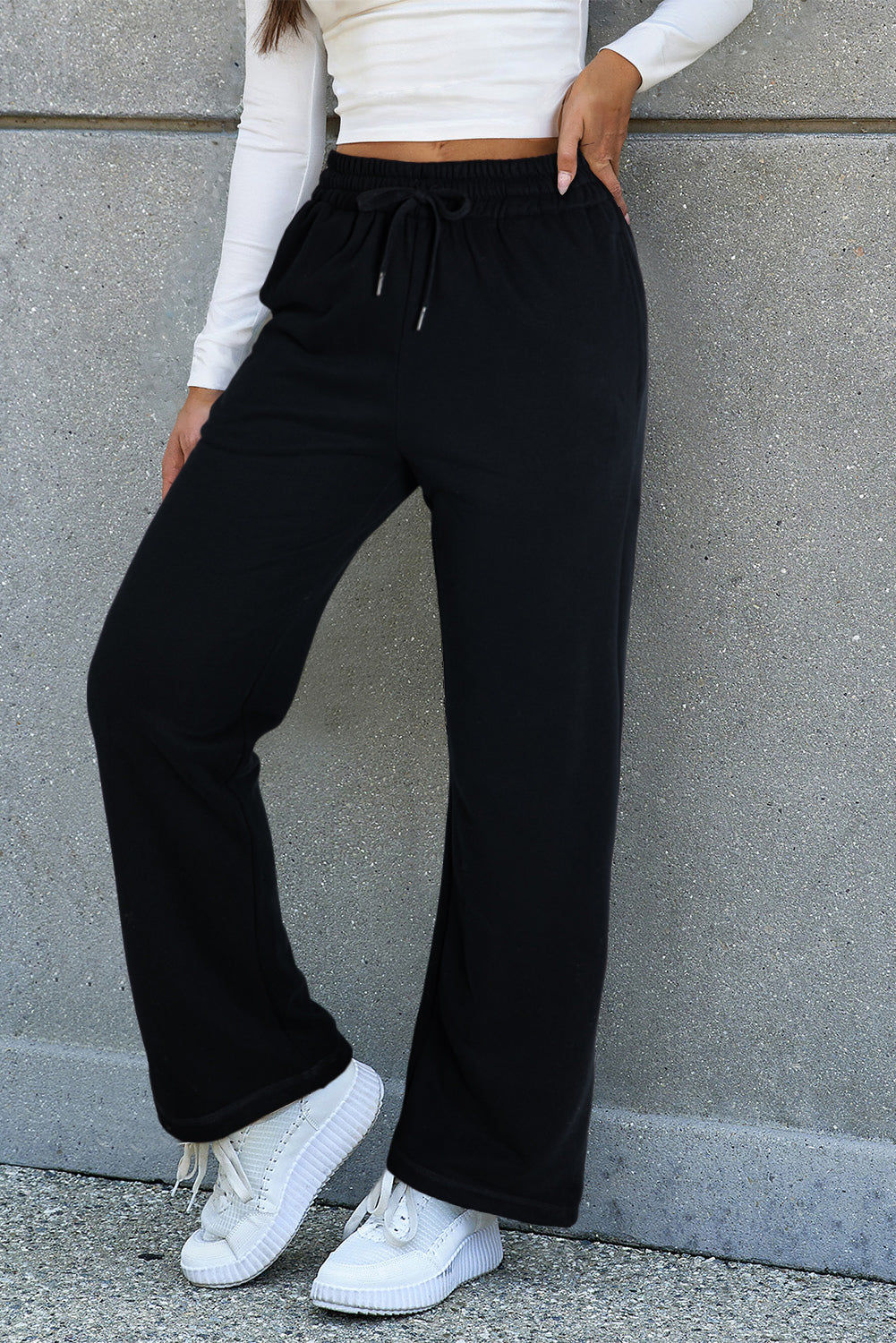 Black Solid Color Fleece Lined Drawstring Waist Casual Pants Dear-Lover Dropshipping