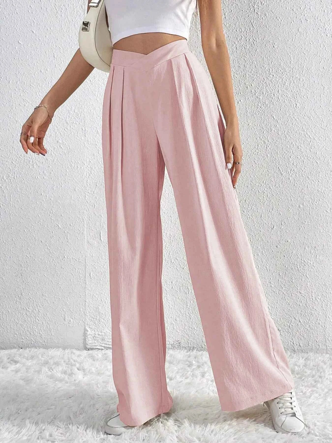 V-Waisted Ruched Front Wide Leg Pants.