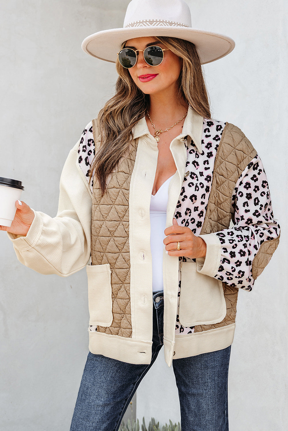 Khaki Leopard Waffle Quilted Patchwork Button Front Jacket Dear-Lover Dropshipping
