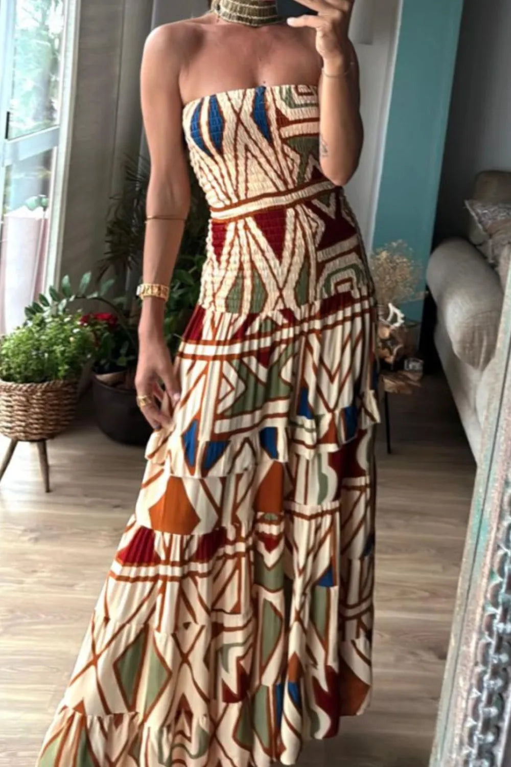 Smocked Printed Tube Dress.