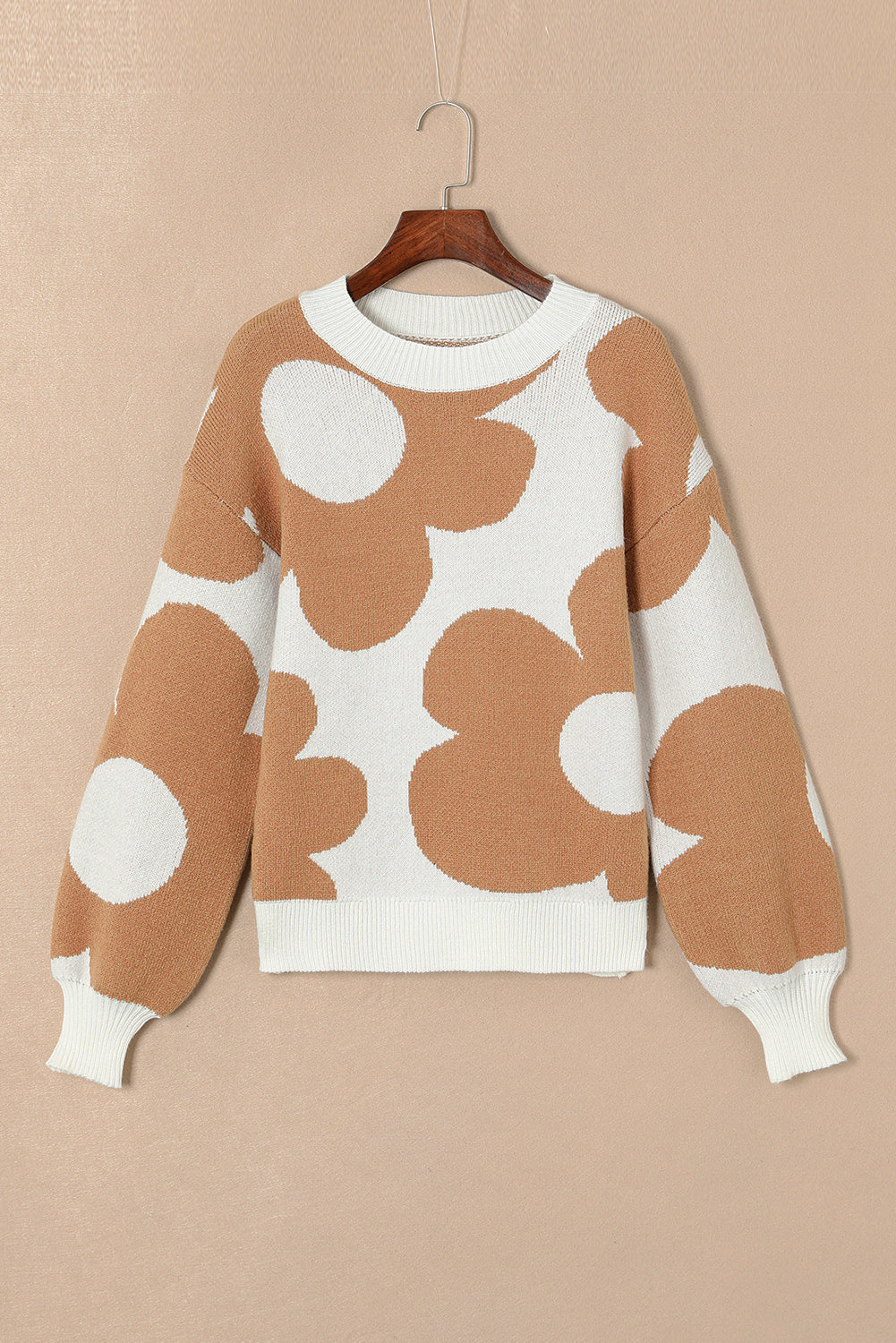 Khaki Big Flower Pattern Drop Shoulder Sweater Dear-Lover Dropshipping