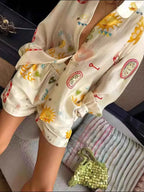 Women's Printed Long Sleeve Shirt and Shorts Two Piece Set