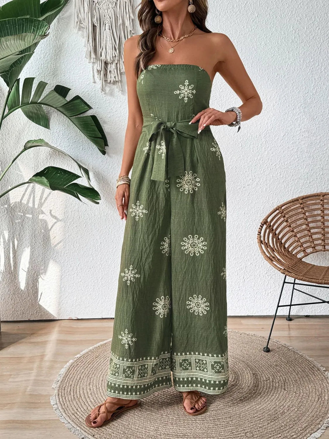 Printed Wide Leg Tube Jumpsuit - CHIC TB