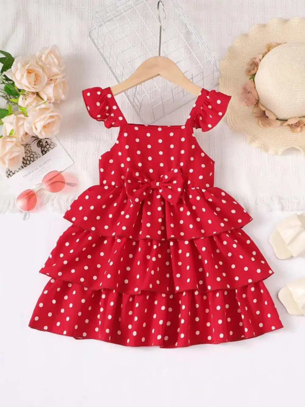 Bow Polka Dot Square Neck Layered Dress.