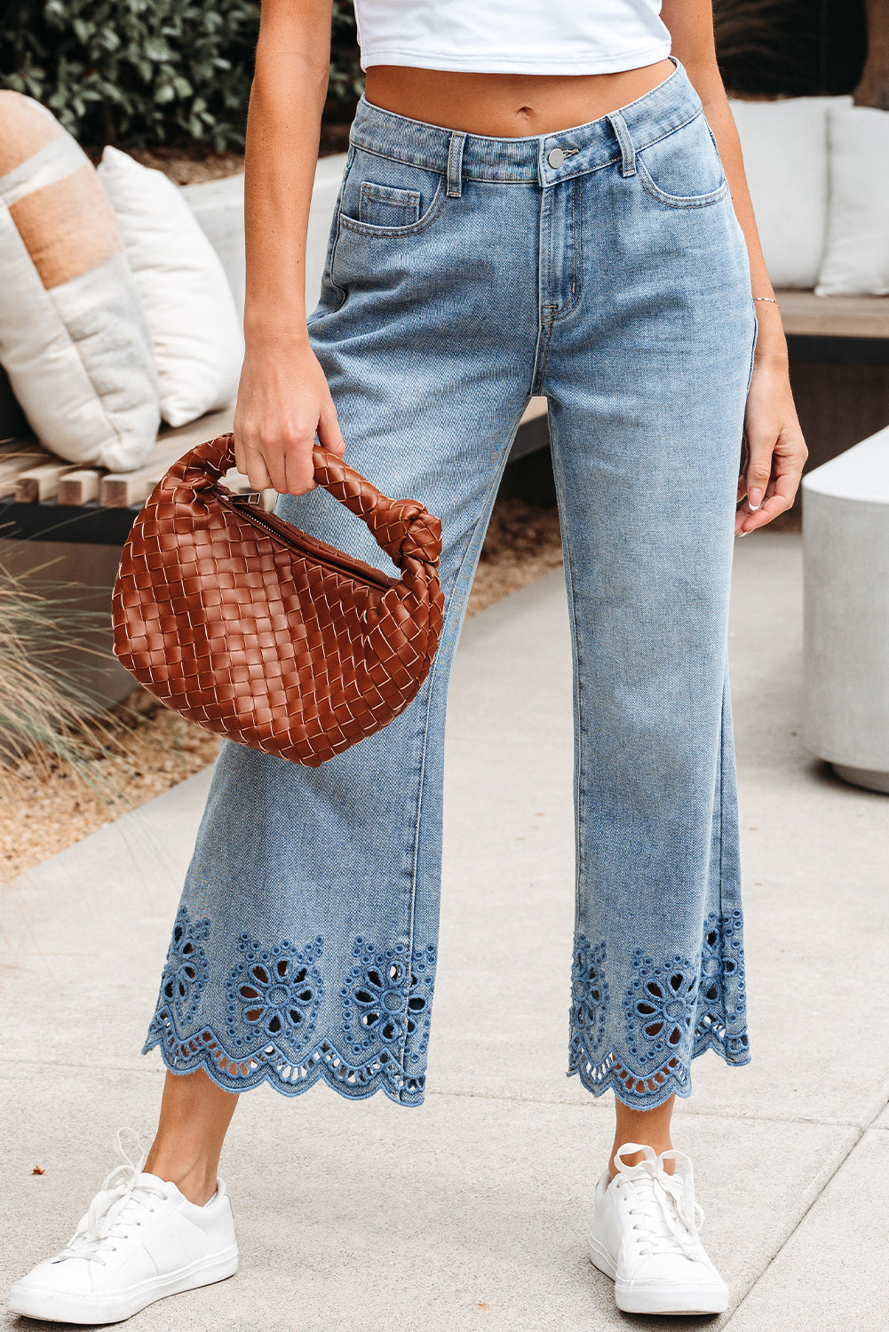Dusk Blue Embroidered Cropped Wide Leg High Waist Jeans Dear-Lover Dropshipping