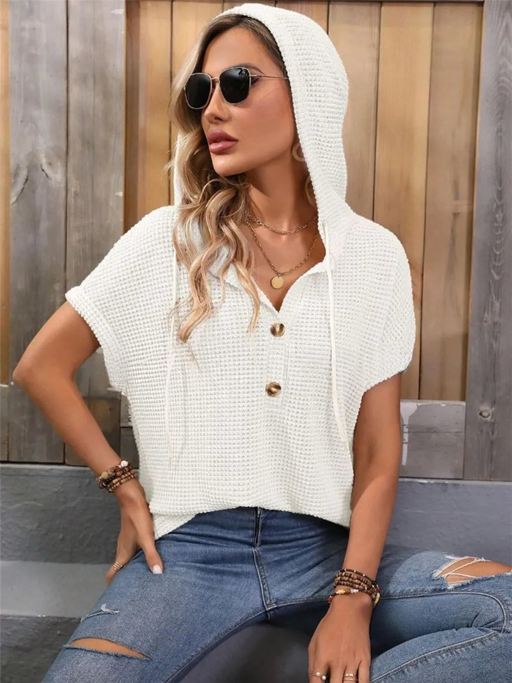 Waffle-Knit Hooded Short Sleeve Top.