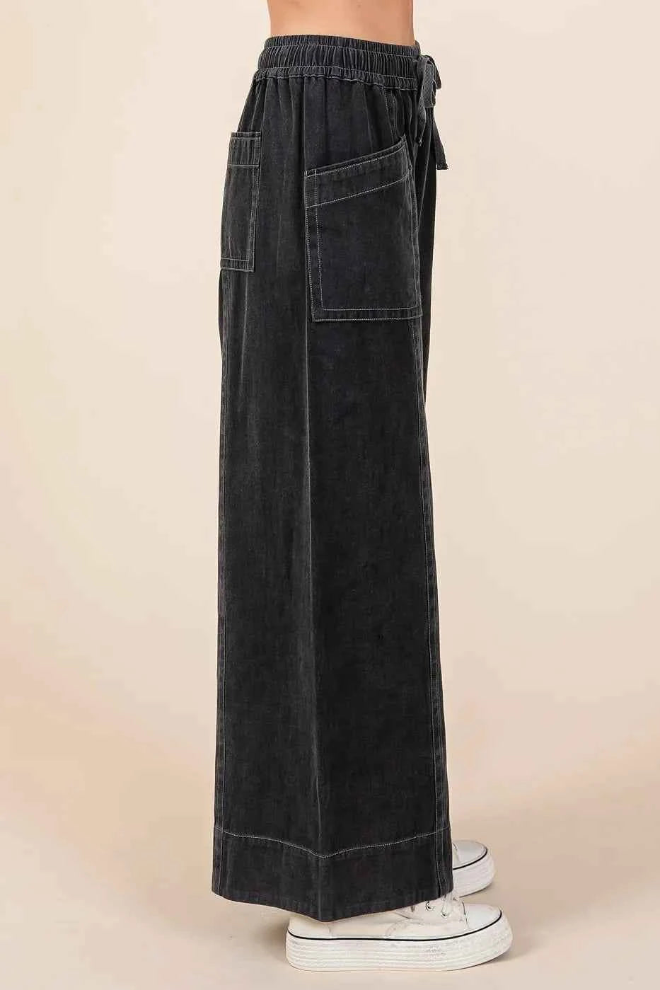 Mittoshop Mineral Wash Wide Leg Elastic Waist Twill Pants