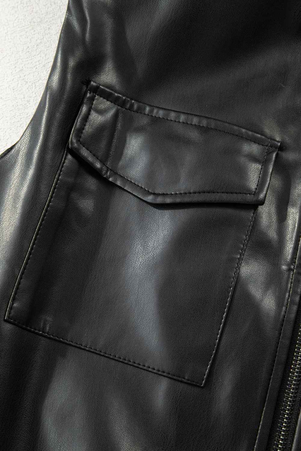 Black Double Flap Pocket Faux Leather Zip Up Stand Neck Vest