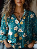 Floral-print Long-sleeve Shirt Delicate Linen Casual Blouse
