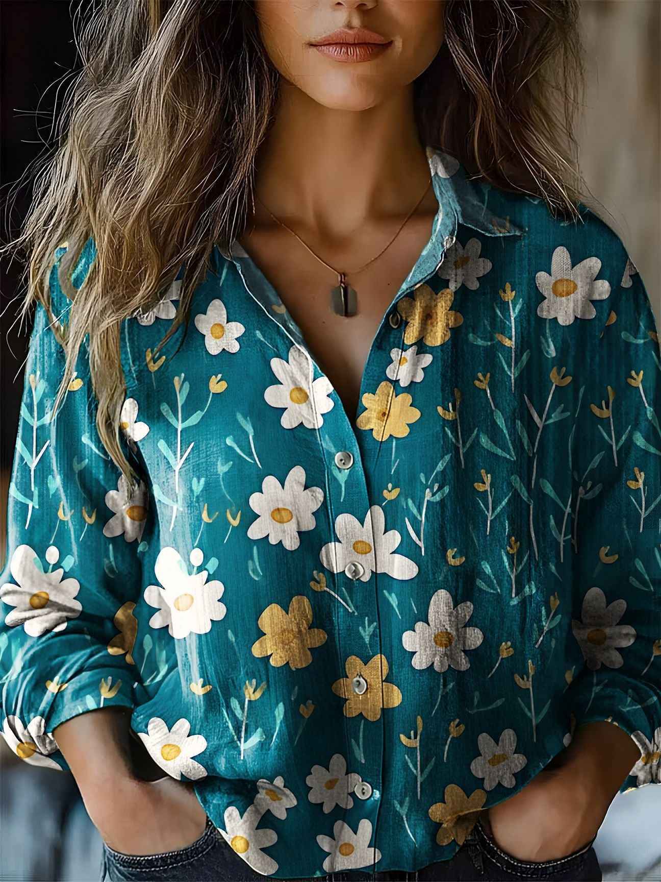 Floral-print Long-sleeve Shirt Delicate Linen Casual Blouse