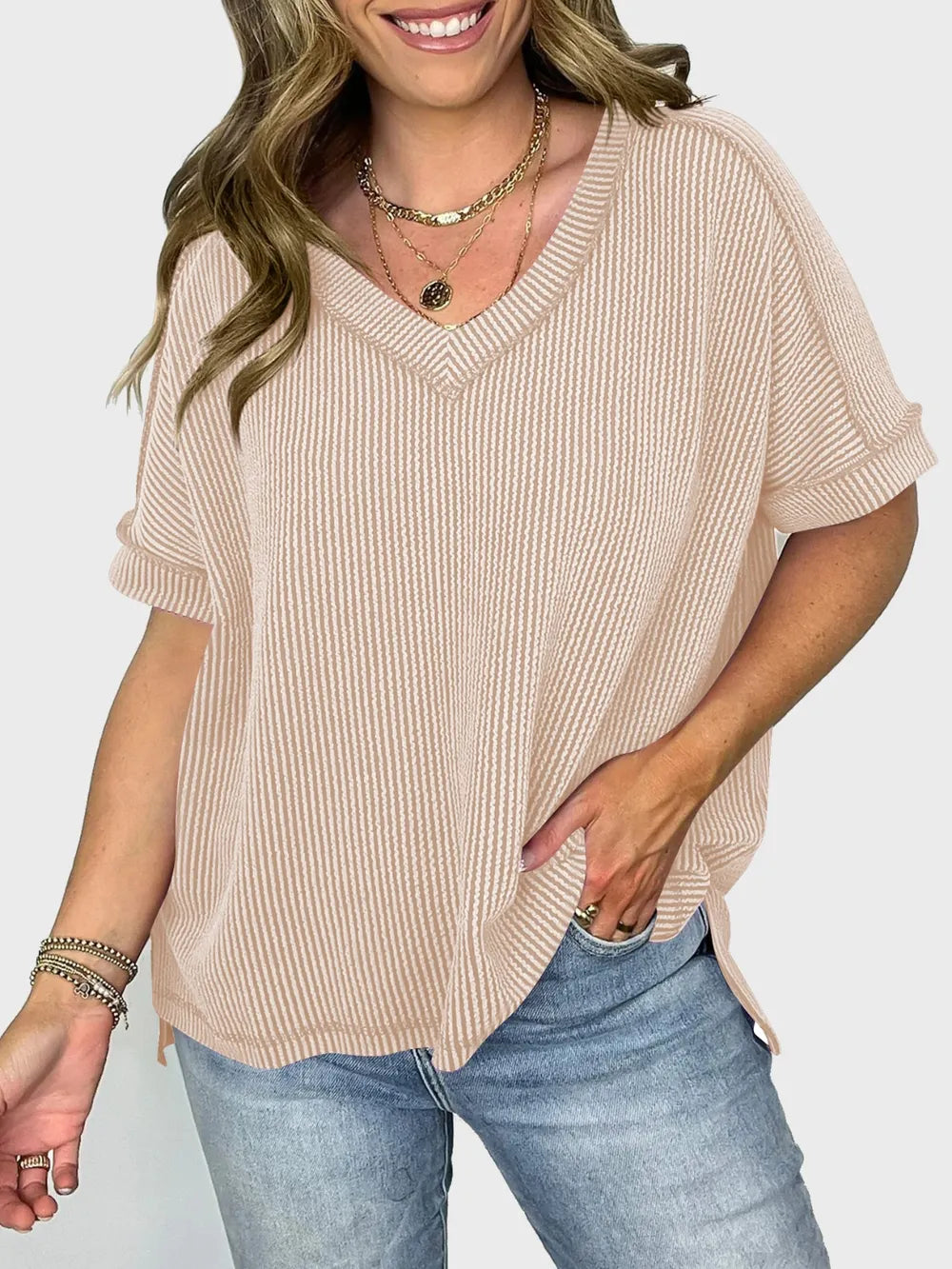 Lovelet Texture V-Neck Half Sleeve T-Shirt.