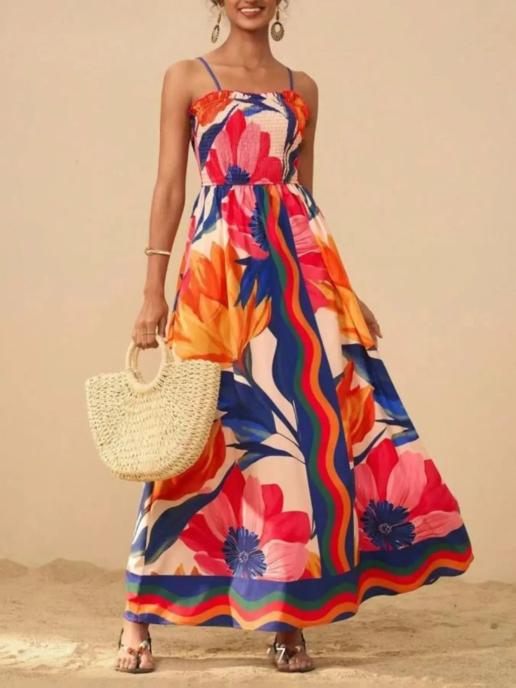 Smocked Printed Spaghetti Strap Maxi Summer Dress.