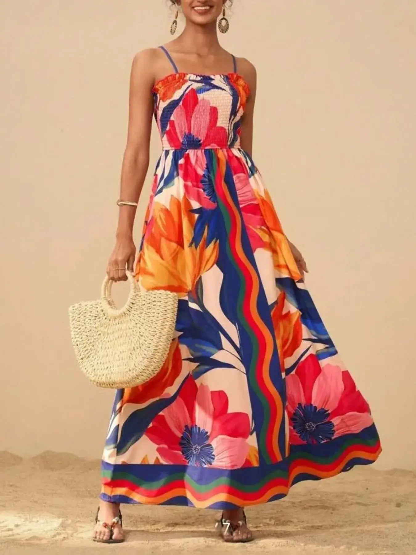 Smocked Printed Spaghetti Strap Maxi Summer Dress.
