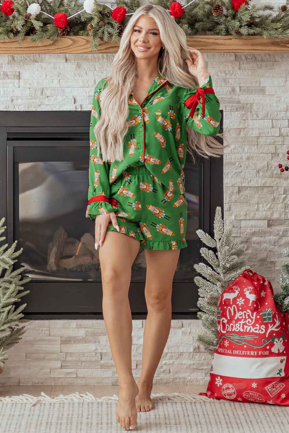 Green Christmas Candy Contrast Trim Bow Knot Silky 2pcs Pajama Set