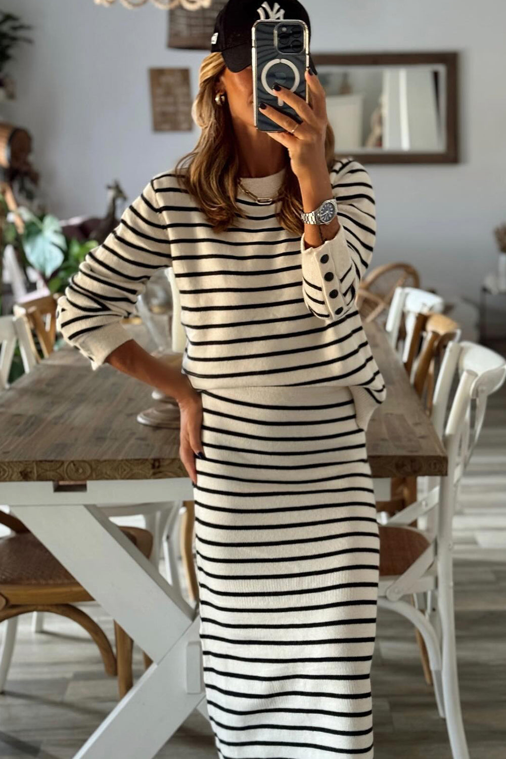 Black Stripe Ribbed Trim Button Cuff Long Sleeve Top Midi Skirt 2pcs Outfit Dear-Lover Dropshipping