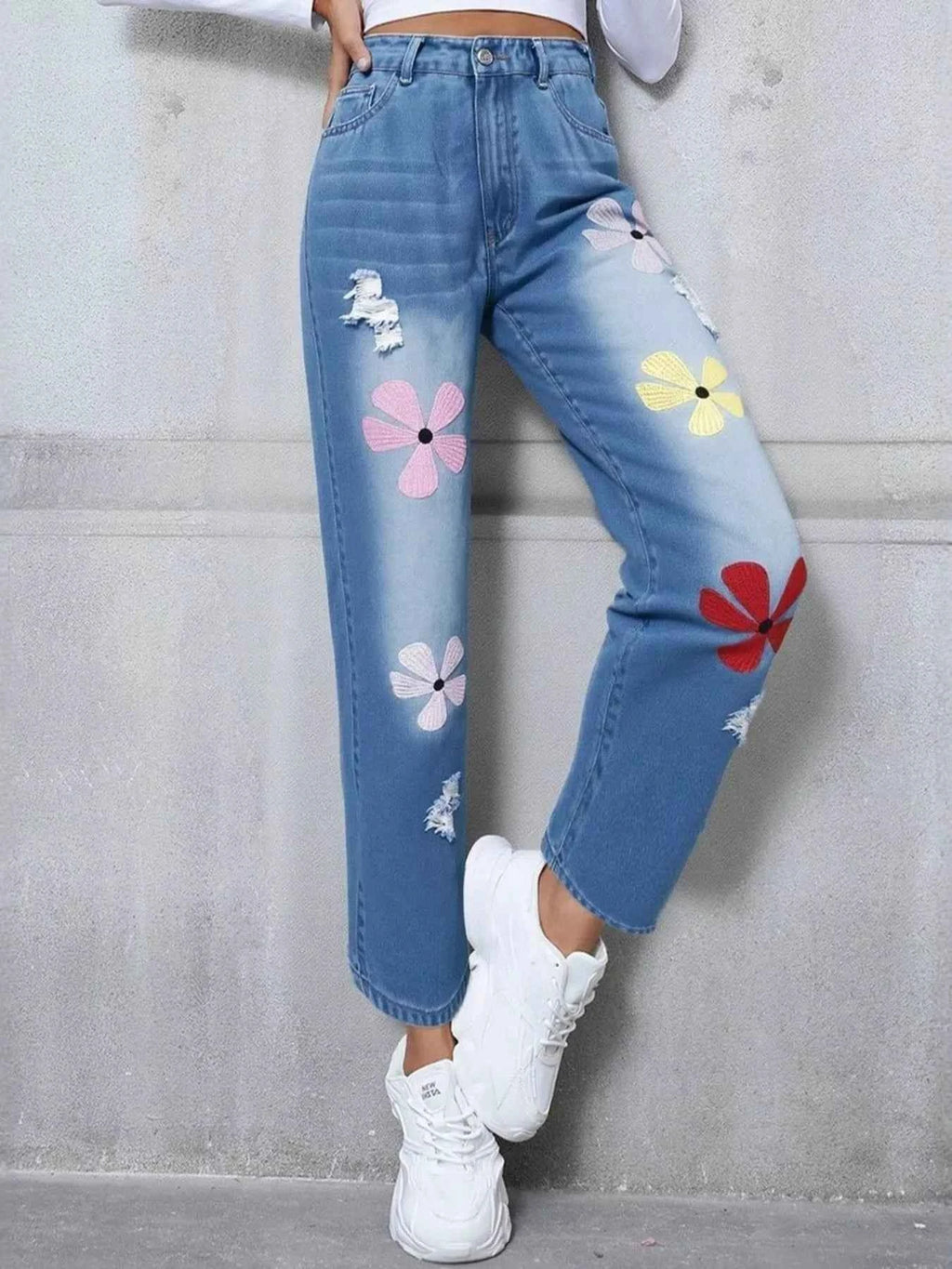Floral Embroidered High Waist Distressed Jeans