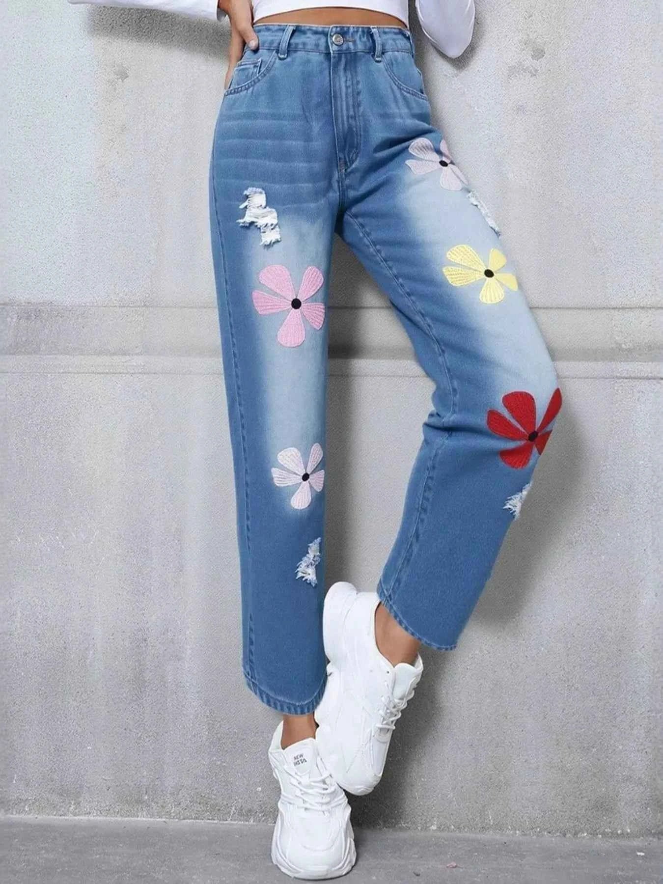 Floral Embroidered High Waist Distressed Jeans