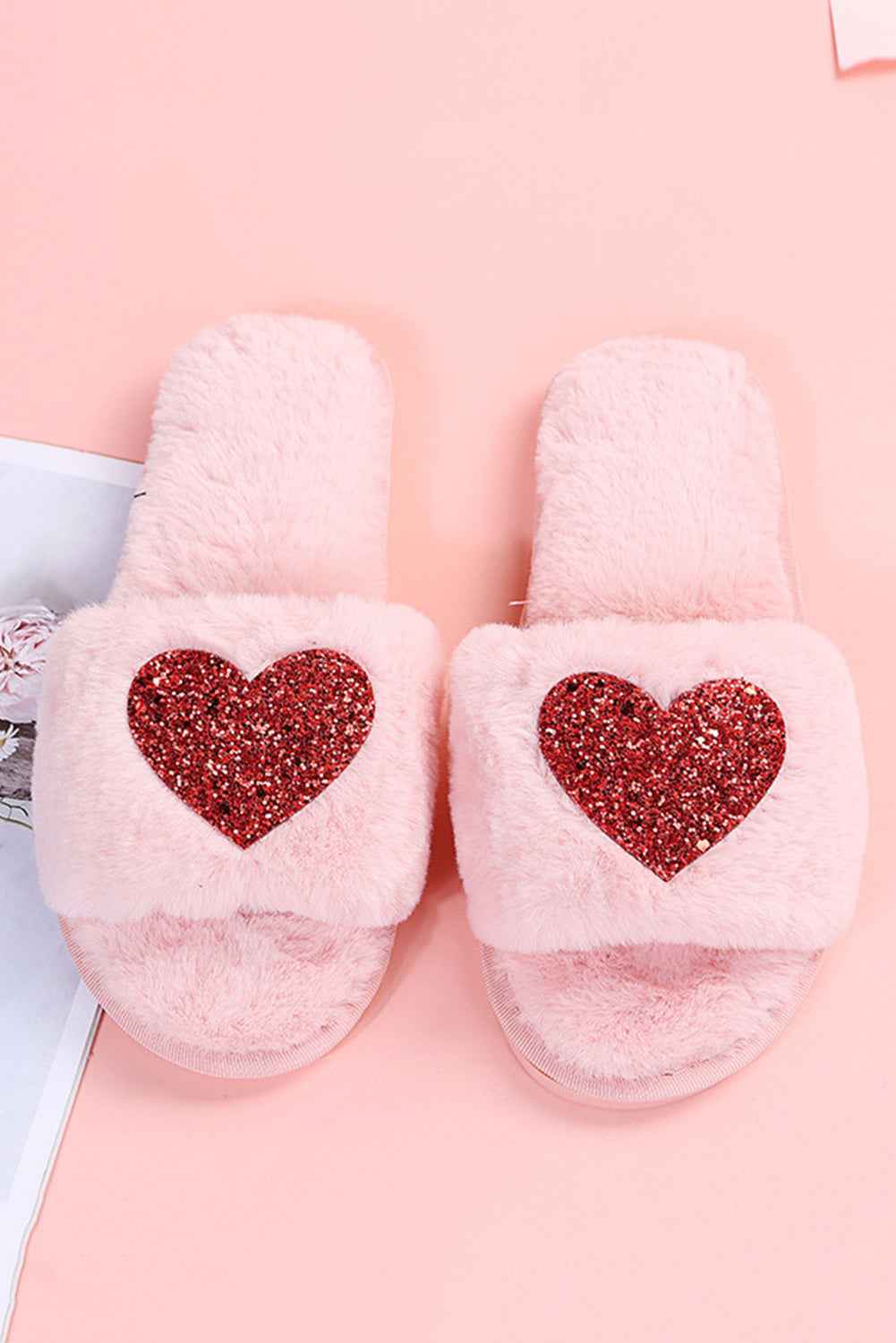 Pink Sequin Heart Shaped Slip On Plush Slippers
