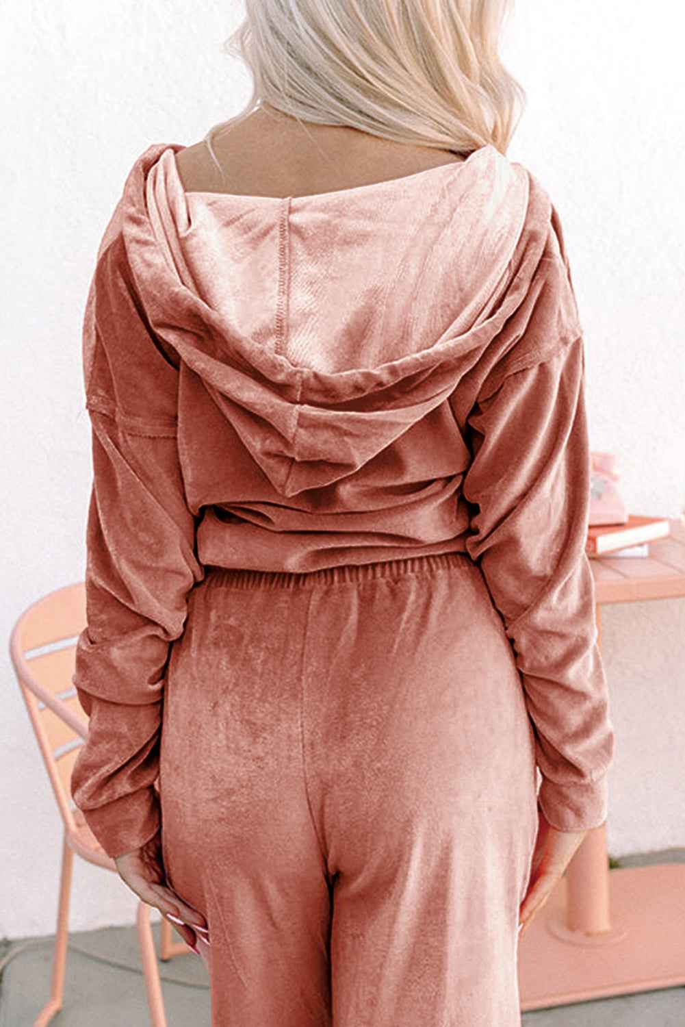 Peach Blossom Velvet Zip-up Hoodie and Wide Leg Pants Set