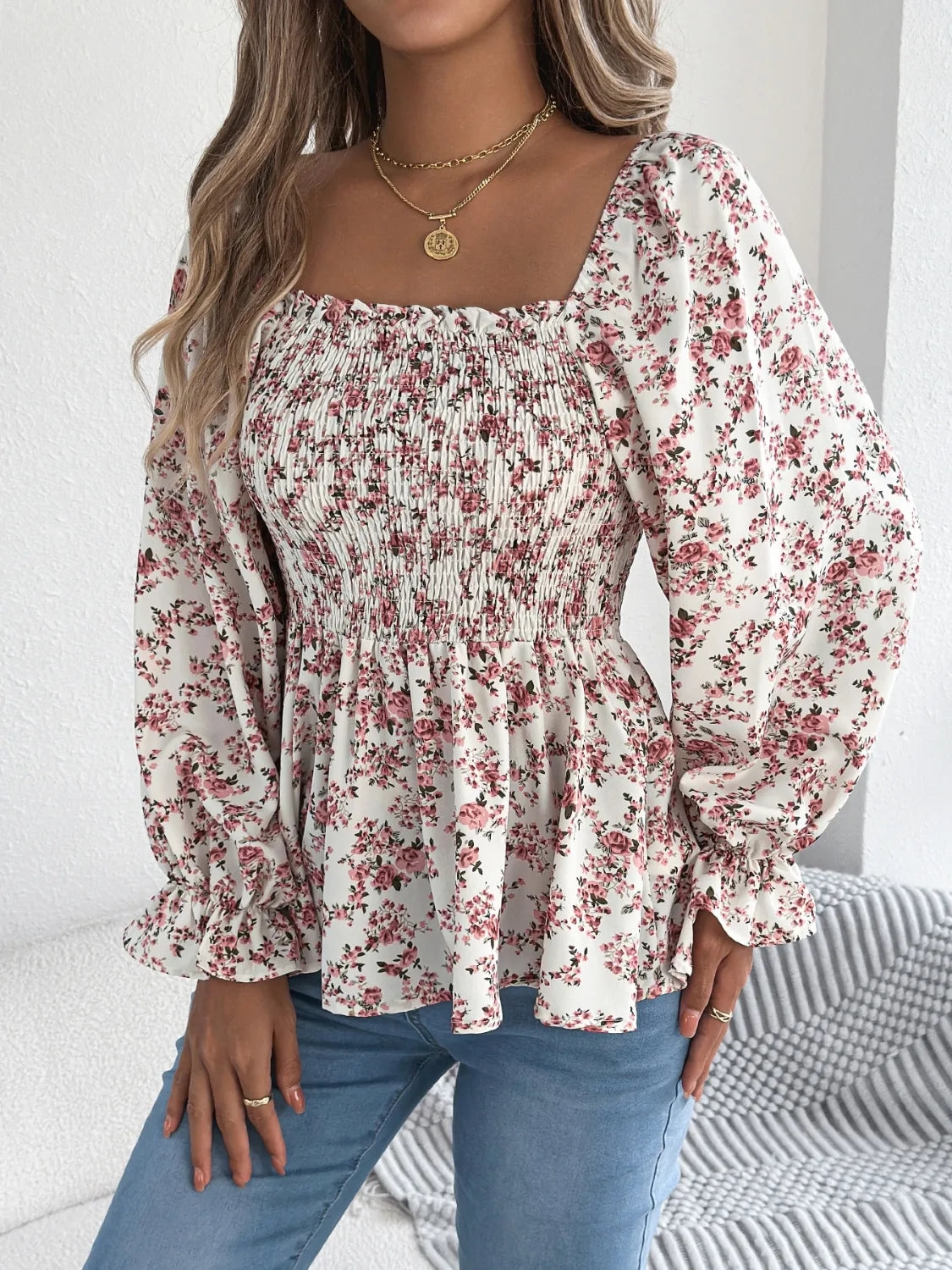 Floral Square Neck Flounce Sleeve Blouse.