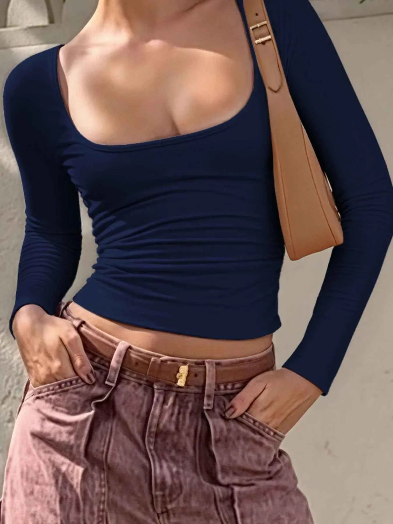 Long Sleeve Scoop Neck Fitted T-Shirt.