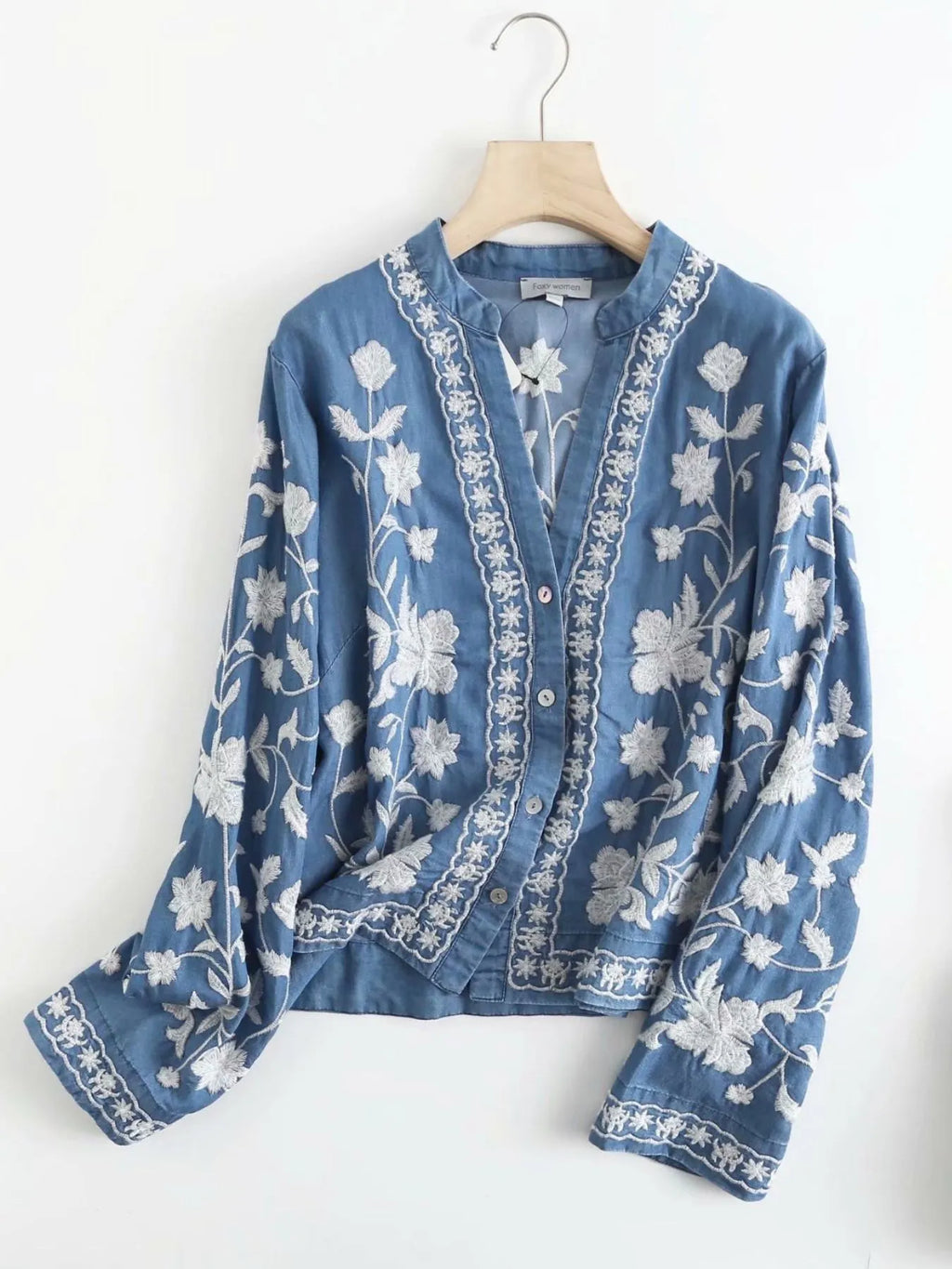 Floral Embroidered Button Up Denim Shirt.