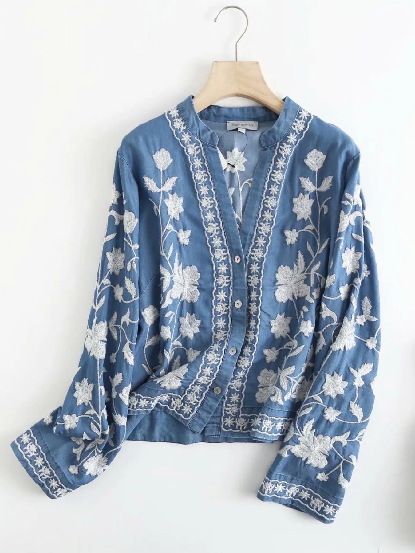 Floral Embroidered Button Up Denim Shirt.