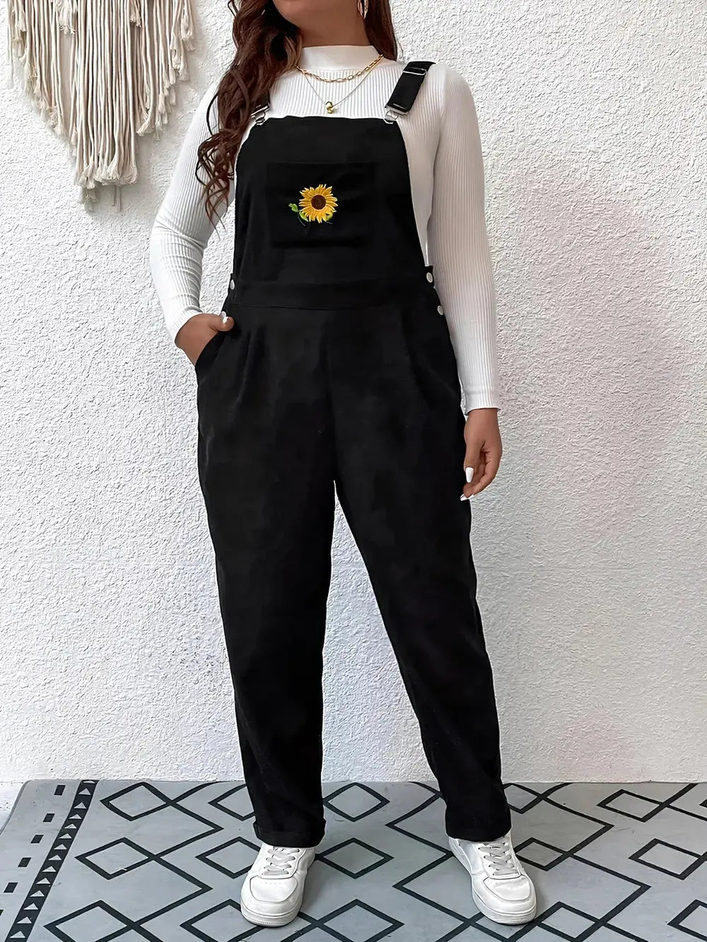 Embroidered Sunflower Wide Strap Overalls with Pockets.