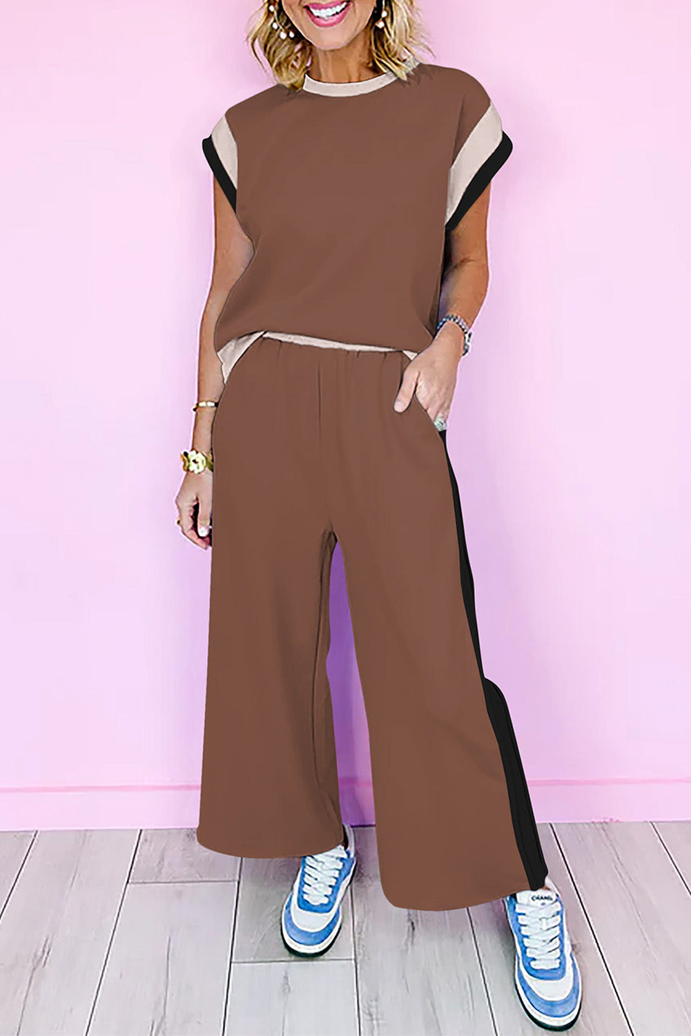 Chestnut Color Block Detail Casual Two-piece Outfit Dear-Lover Dropshipping