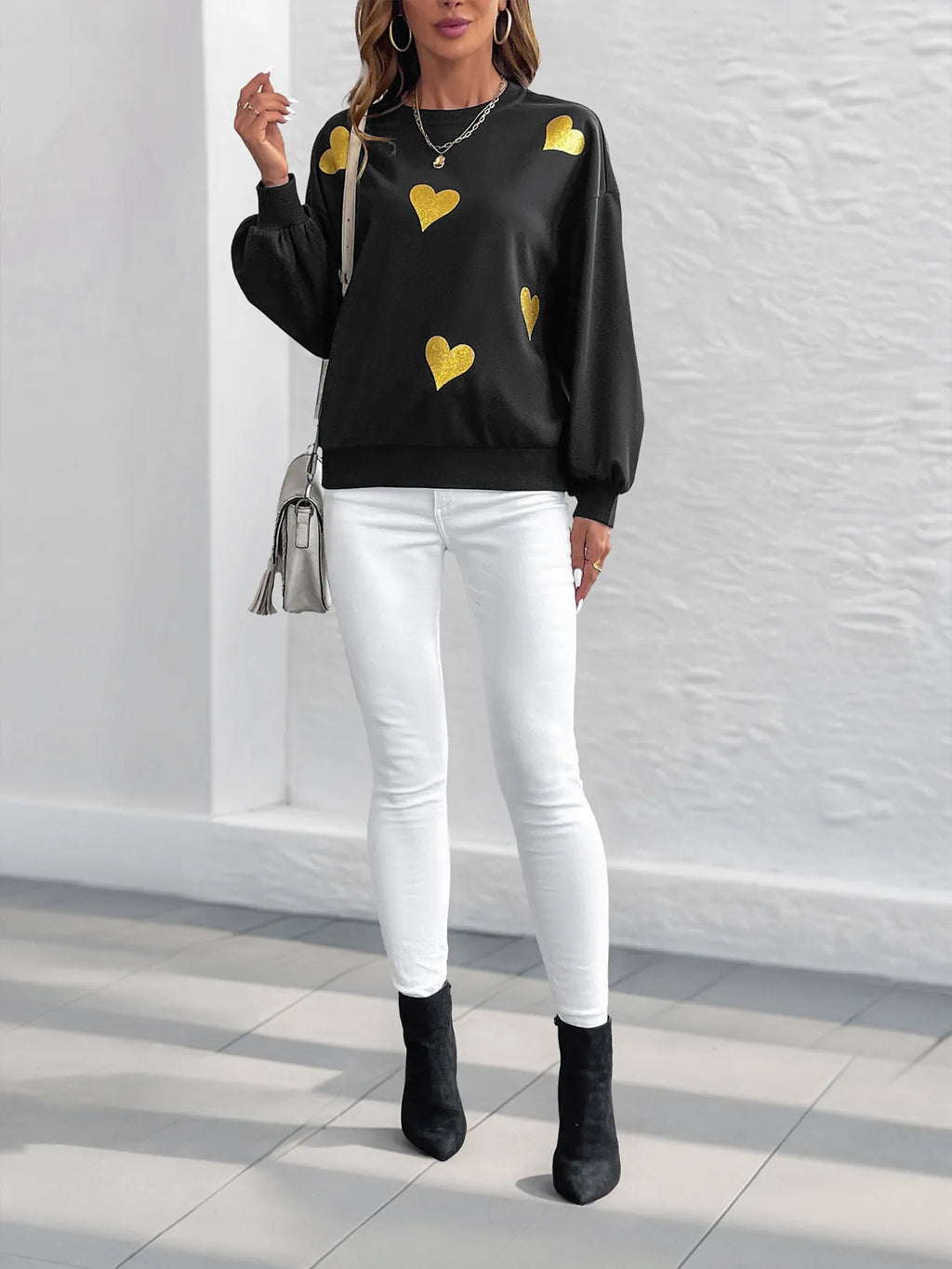 Heart Print Long Sleeve Sweatshirt.