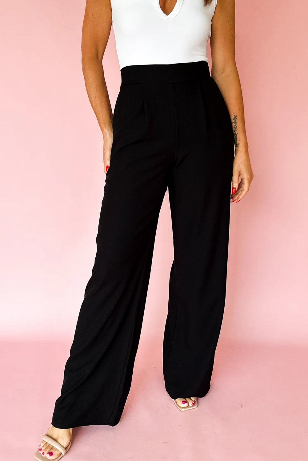 Black Pleated Detail Pull On High Elastic Waist Loose Straight Pants Dear-Lover Dropshipping