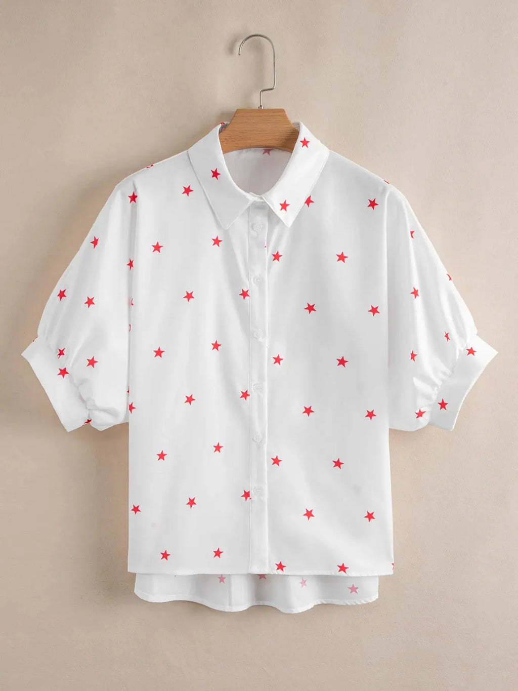 Star Print Puff Sleeve Button-Up Shirt.