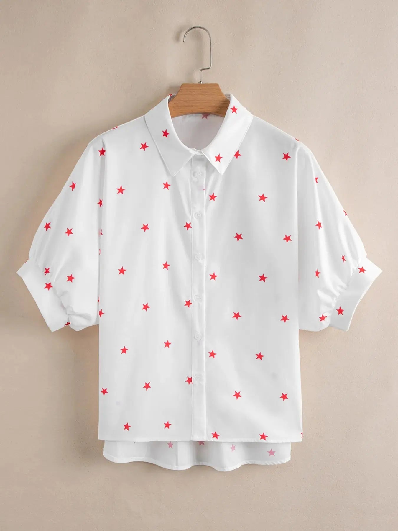 Star Print Puff Sleeve Button-Up Shirt.