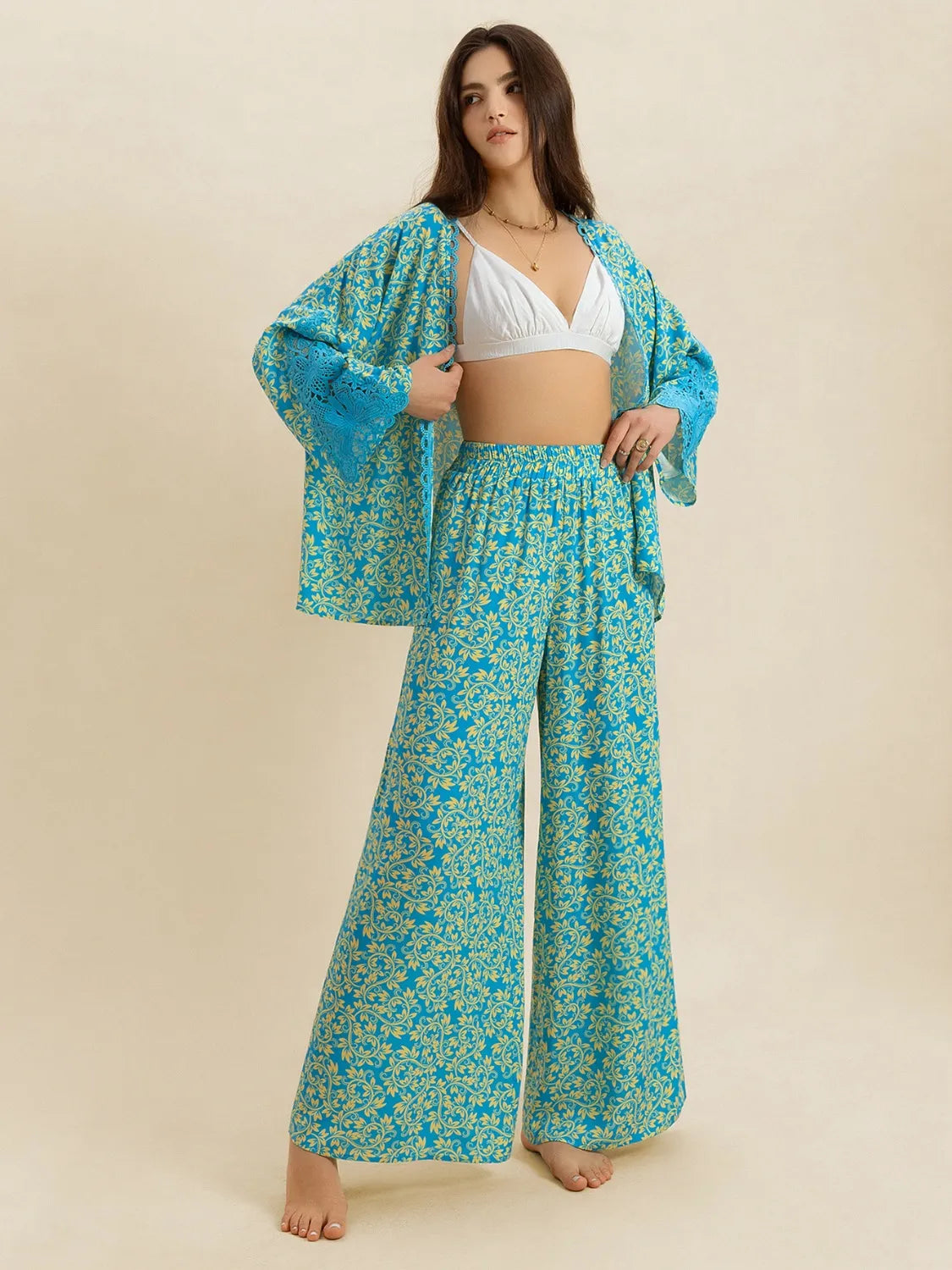 Open Front Printed Top and Pants Set - CHIC TB