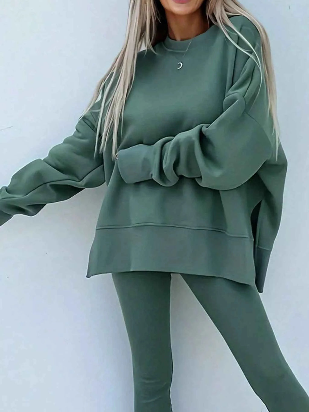 Solid Color Oversize Slit Sweatshirt and Ribbed Leggings 2pcs Set