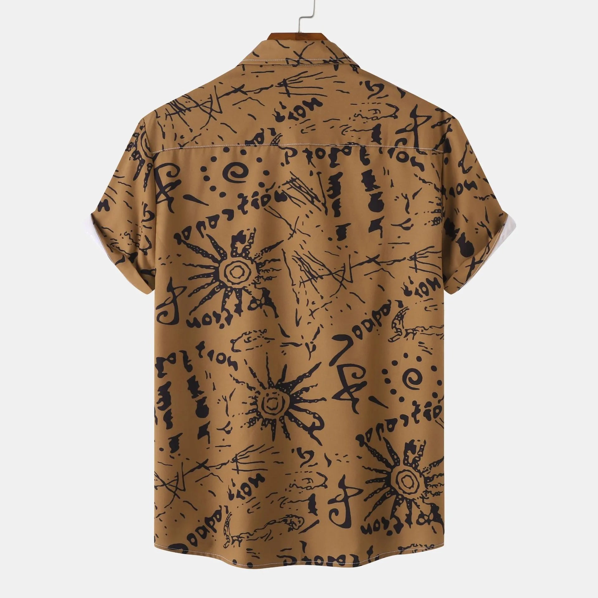Men's Plus Size Vintage Sun Print Short Sleeve Button-Up Shirt.