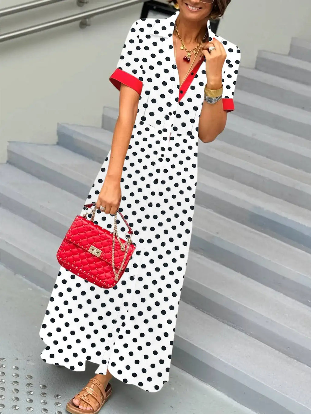 Polka Dot Short Sleeve Maxi Shirt Dress.