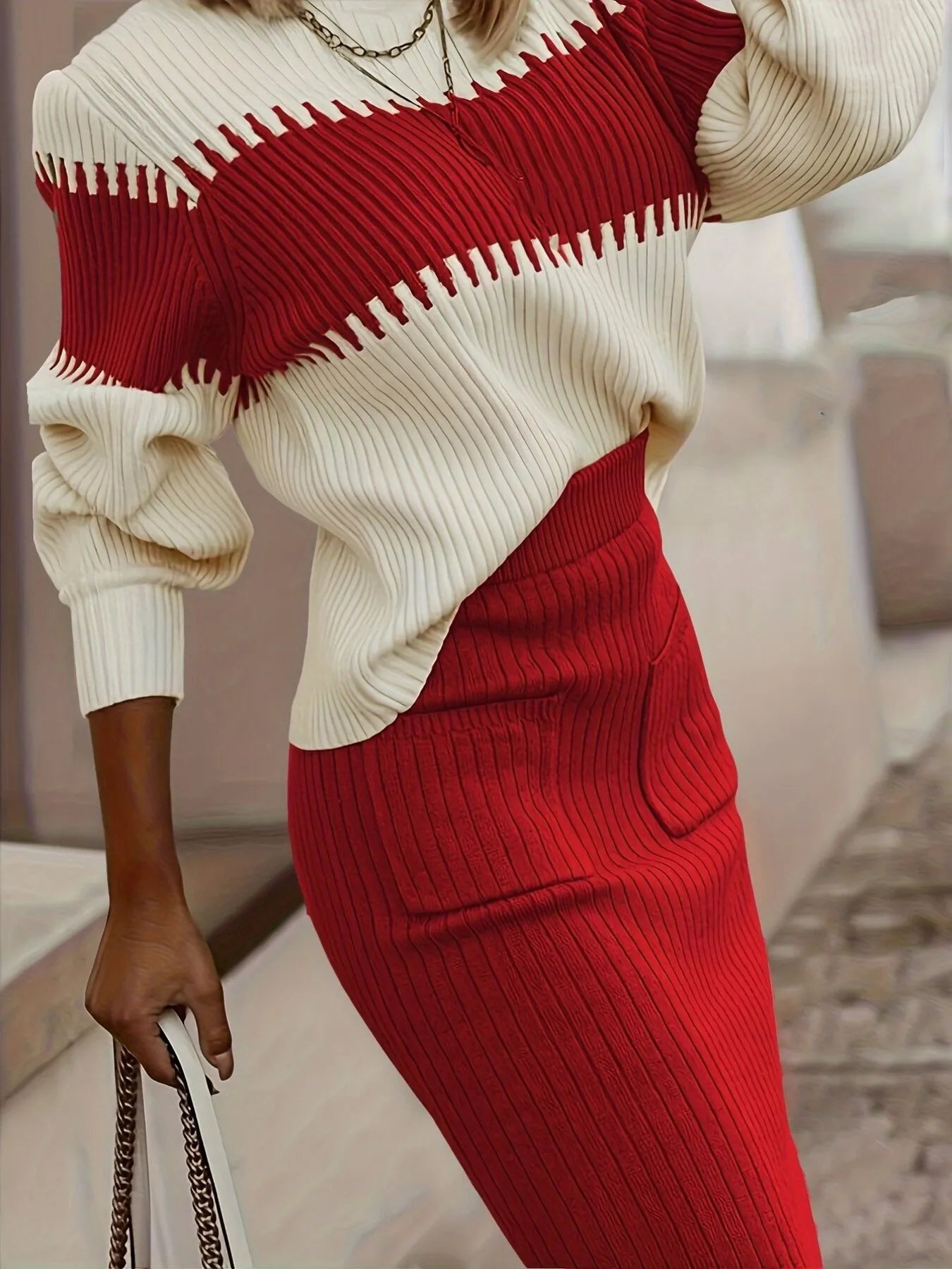 Two-Tone Ribbed Knit Top and Skirt Sweater Set.